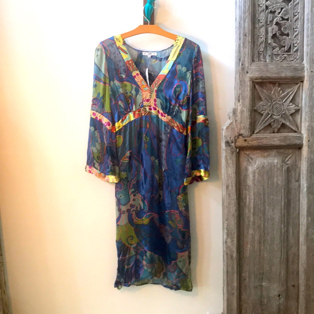 Satin Devore Dress V neck with side splits.  NWT